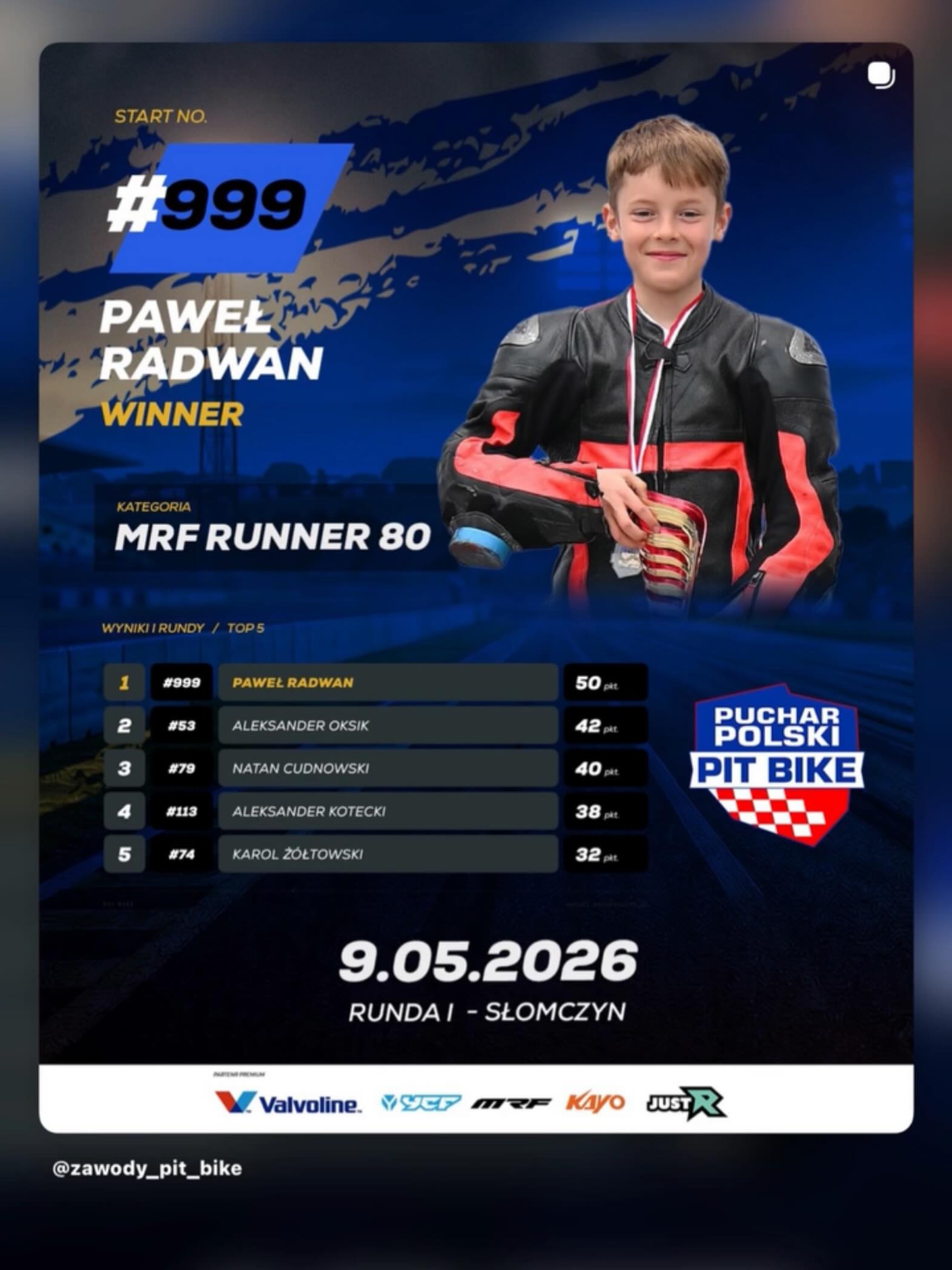 Paweł Radwan Junior — zwycięzca I rundy Pucharu Polski Pit Bike, Słomczyn 9.05.2026